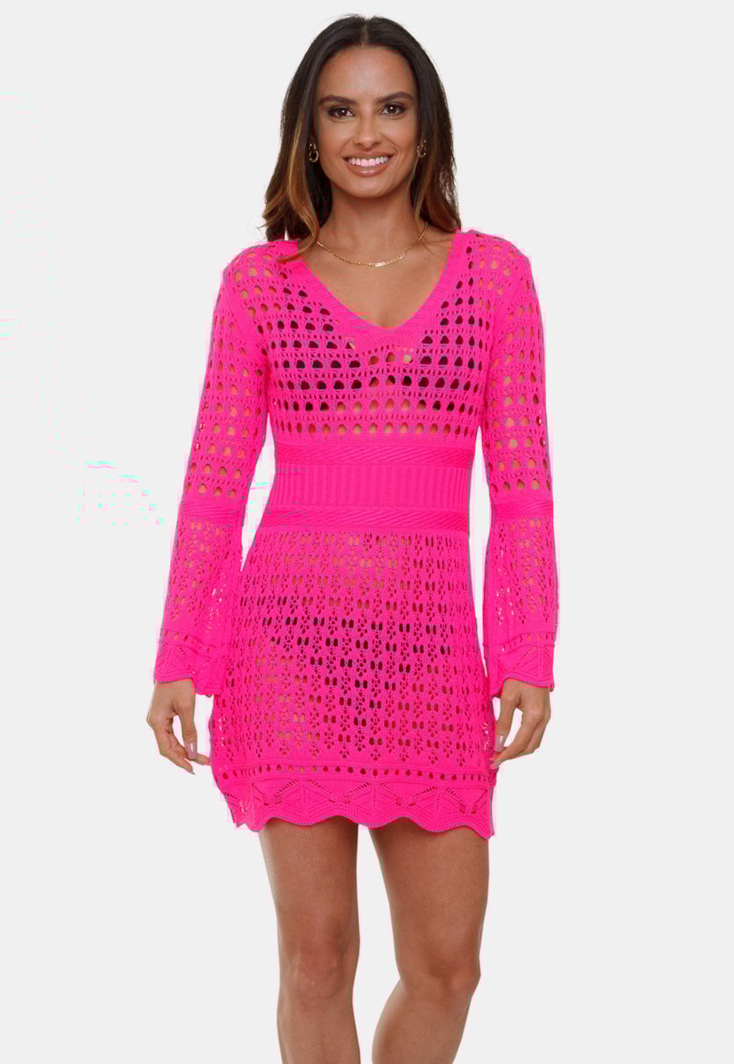 Tricô Saída de Praia Curta Pink Tricot Rendado Aurora Com Manga Flare Feminino Pink