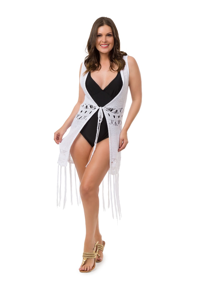 Tricô Saída de Praia Feminina Pink Tricot Curta Franjas Branca