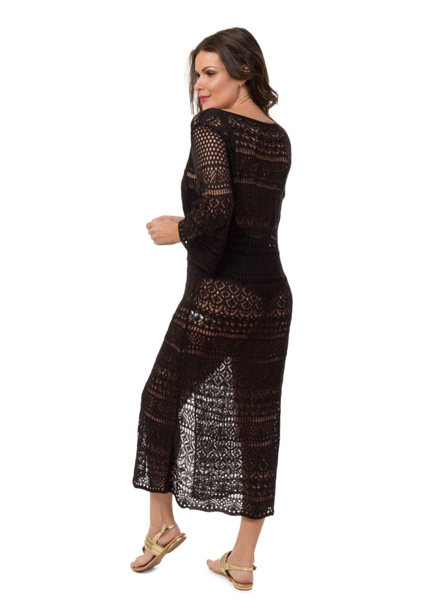 Tricô Saída de Praia Longa Feminina Pink Tricot Renda Botões Preto