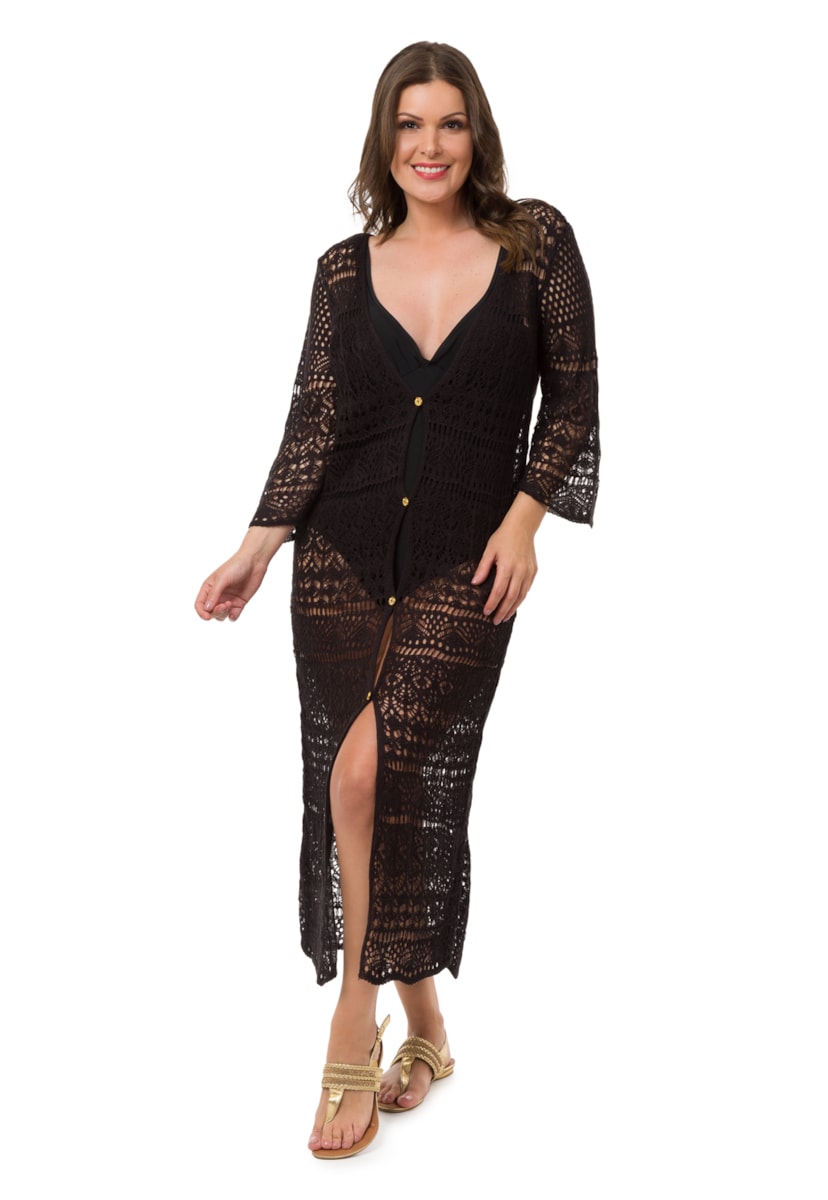 Tricô Saída de Praia Longa Feminina Pink Tricot Renda Botões Preto
