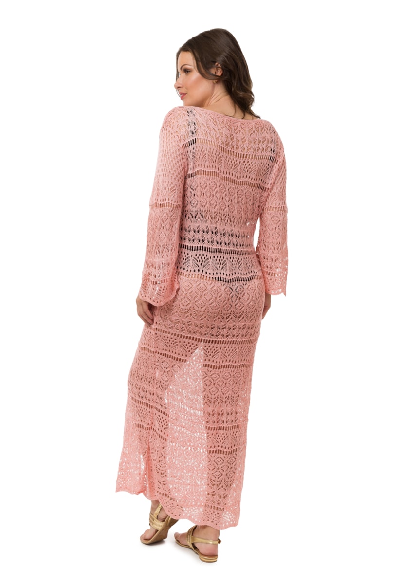 Tricô Saída de Praia Longa Feminina Pink Tricot Renda Botões Rosa Claro
