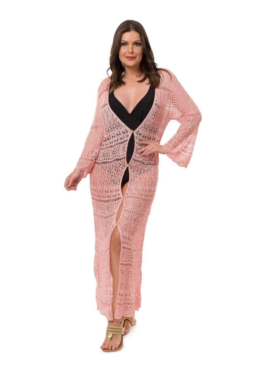 Tricô Saída de Praia Longa Feminina Pink Tricot Renda Botões Rosa Claro
