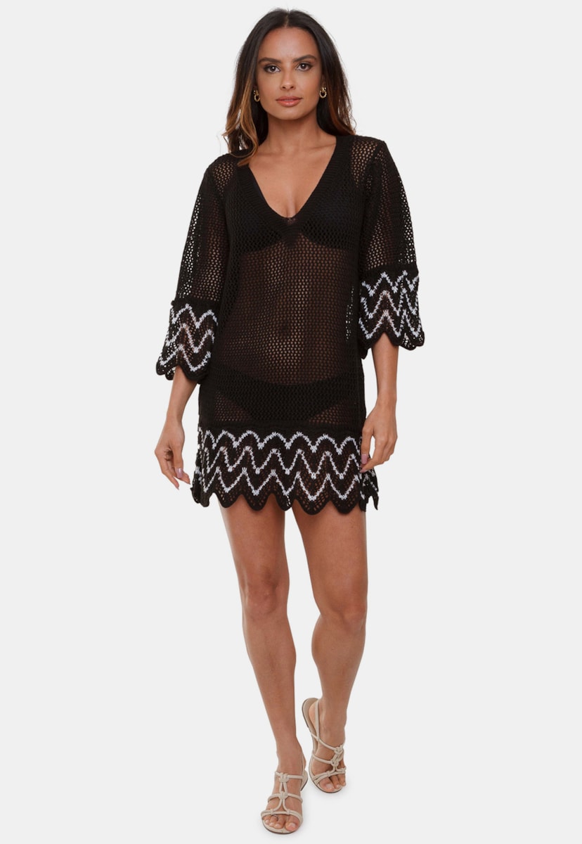Tricô Saida de Praia Lua Pink Tricot Vazado Curta com Manga Flare Chevron Feminino Preto