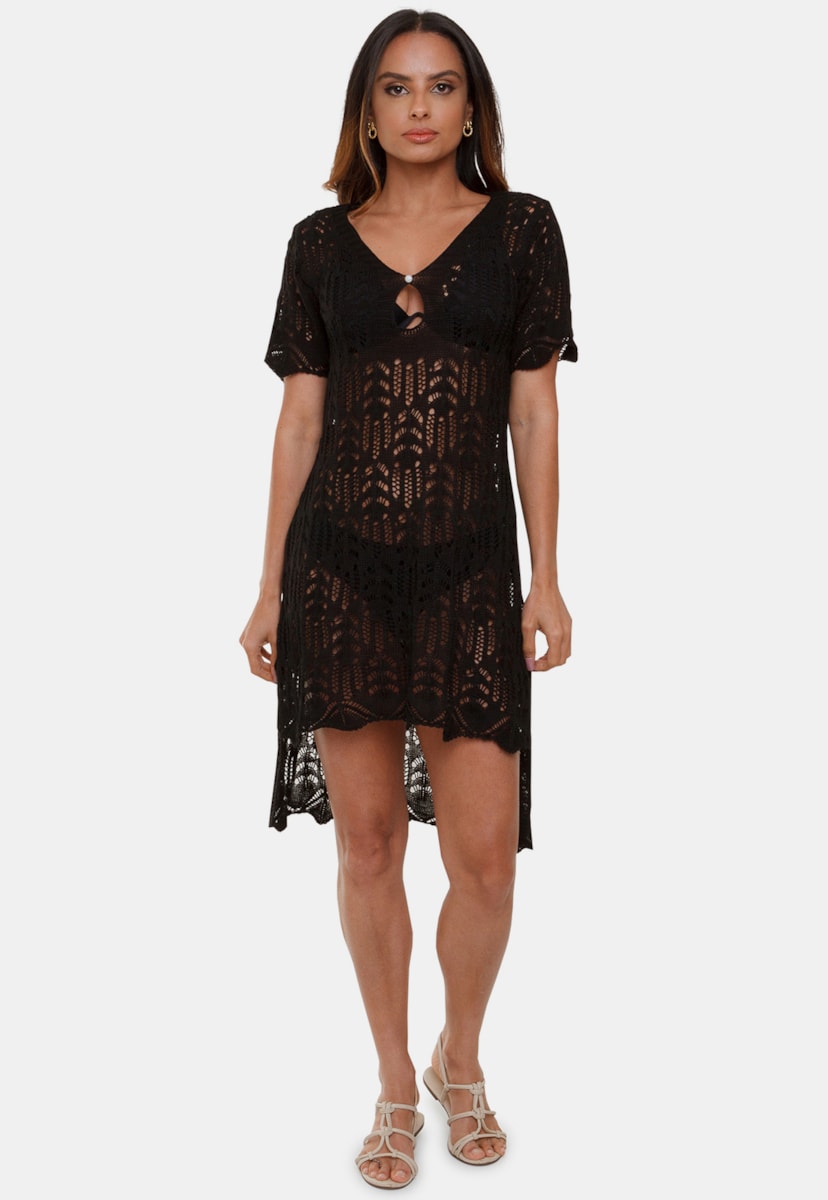 Tricô Saída de Praia Pink Tricot Cecilia Vestido Mullet Com Manga Curta Rendado Feminino Preto