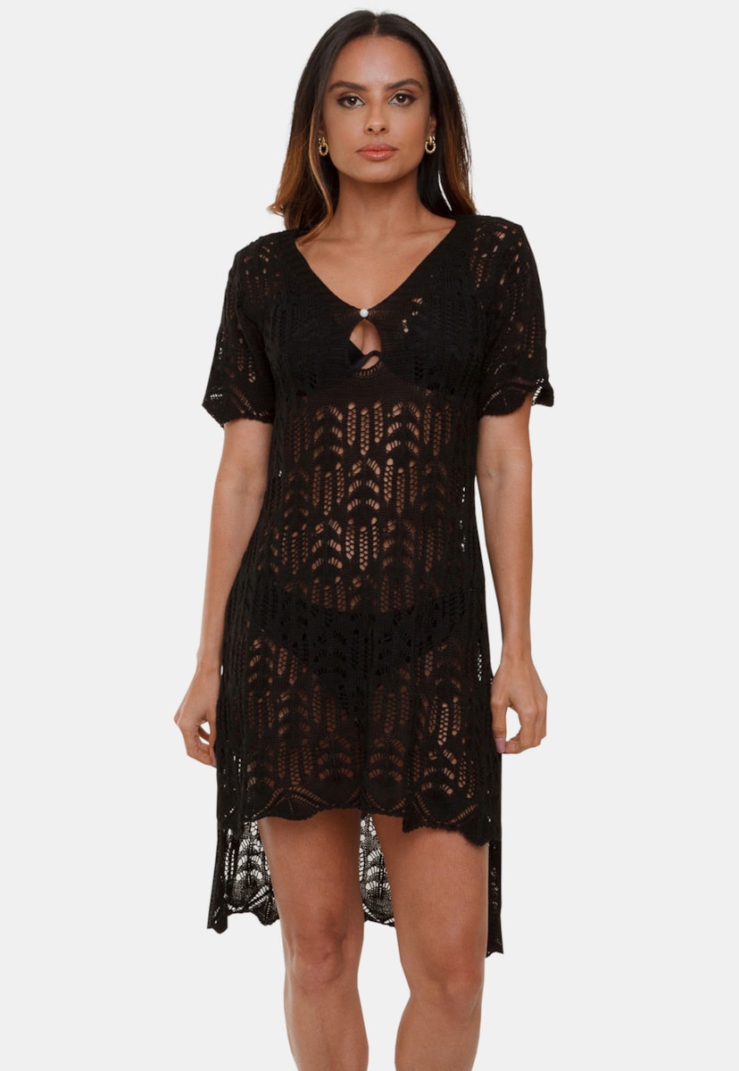 Tricô Saída de Praia Pink Tricot Cecilia Vestido Mullet Com Manga Curta Rendado Feminino Preto