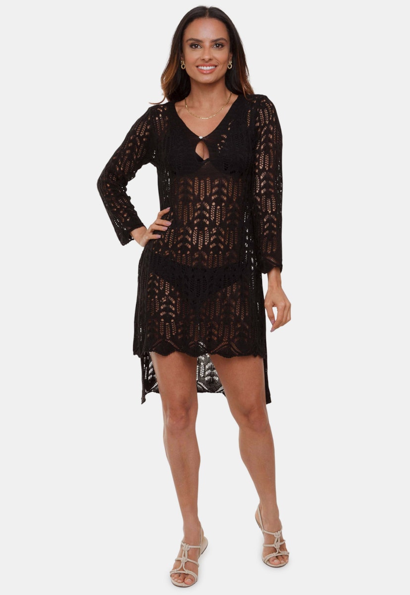 Tricô Saída de Praia Pink Tricot de Tricô Maitê Manga 3/4 e Mullet Com Pérola Feminino Preto