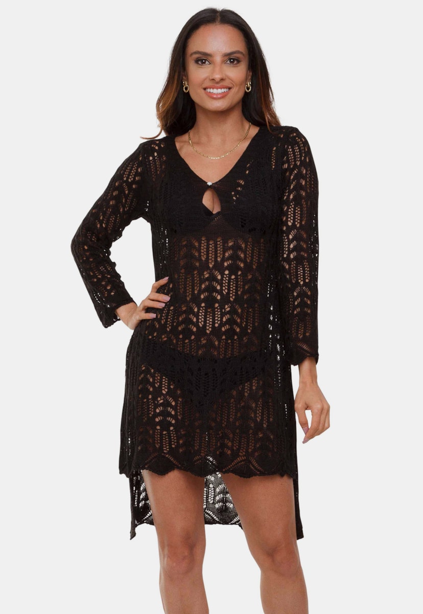 Tricô Saída de Praia Pink Tricot de Tricô Maitê Manga 3/4 e Mullet Com Pérola Feminino Preto