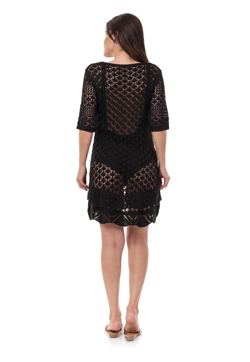 Tricô Saída de Praia Pink Tricot Rendado Vestido Curto Babado Preto