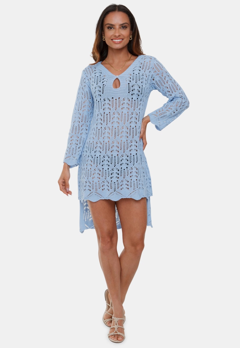 Tricô Saída de Praia Vestido Pink Tricot Maitê Com Manga 3/4 Mullet Pérola Feminino Azul Claro