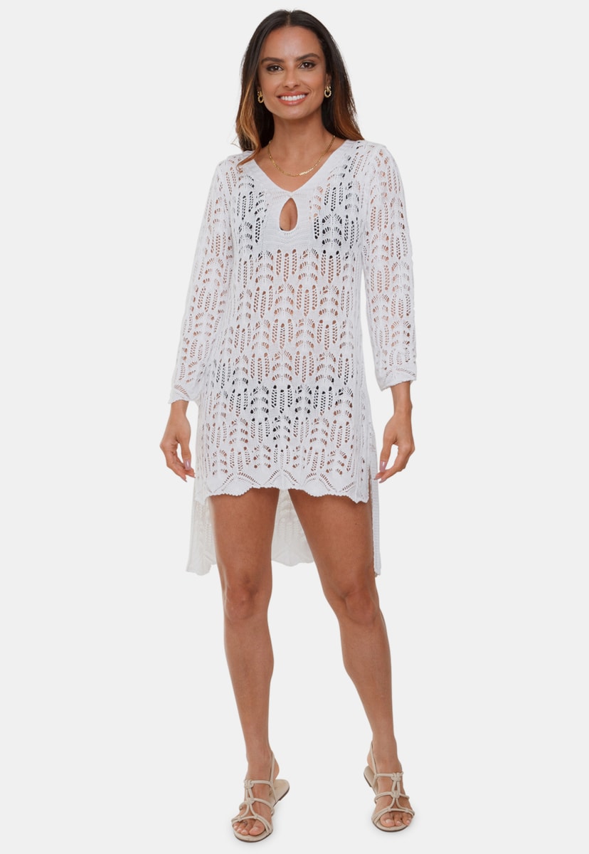 Tricô Saída de Praia Vestido Pink Tricot Manga 3/4 MulletMaitê Pérola Feminino Branco