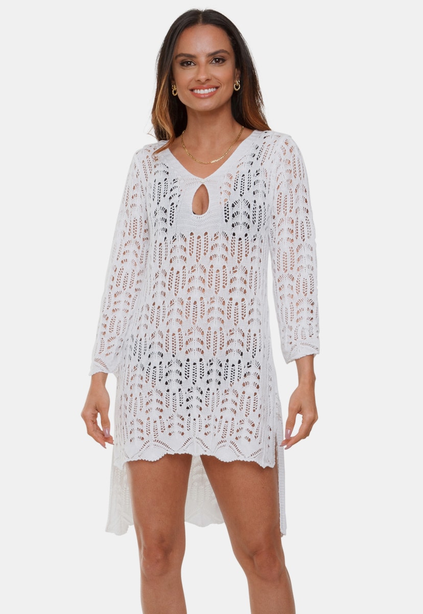 Tricô Saída de Praia Vestido Pink Tricot Manga 3/4 MulletMaitê Pérola Feminino Branco