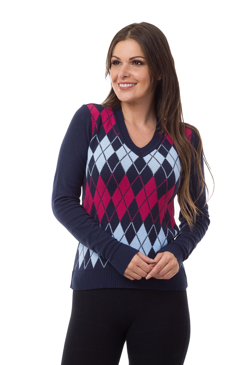 Tricô Sueter Blusa Pink Tricot Estampa Xadrez Escocesa Manga Longa Feminino Azul Marinho/Azul Claro