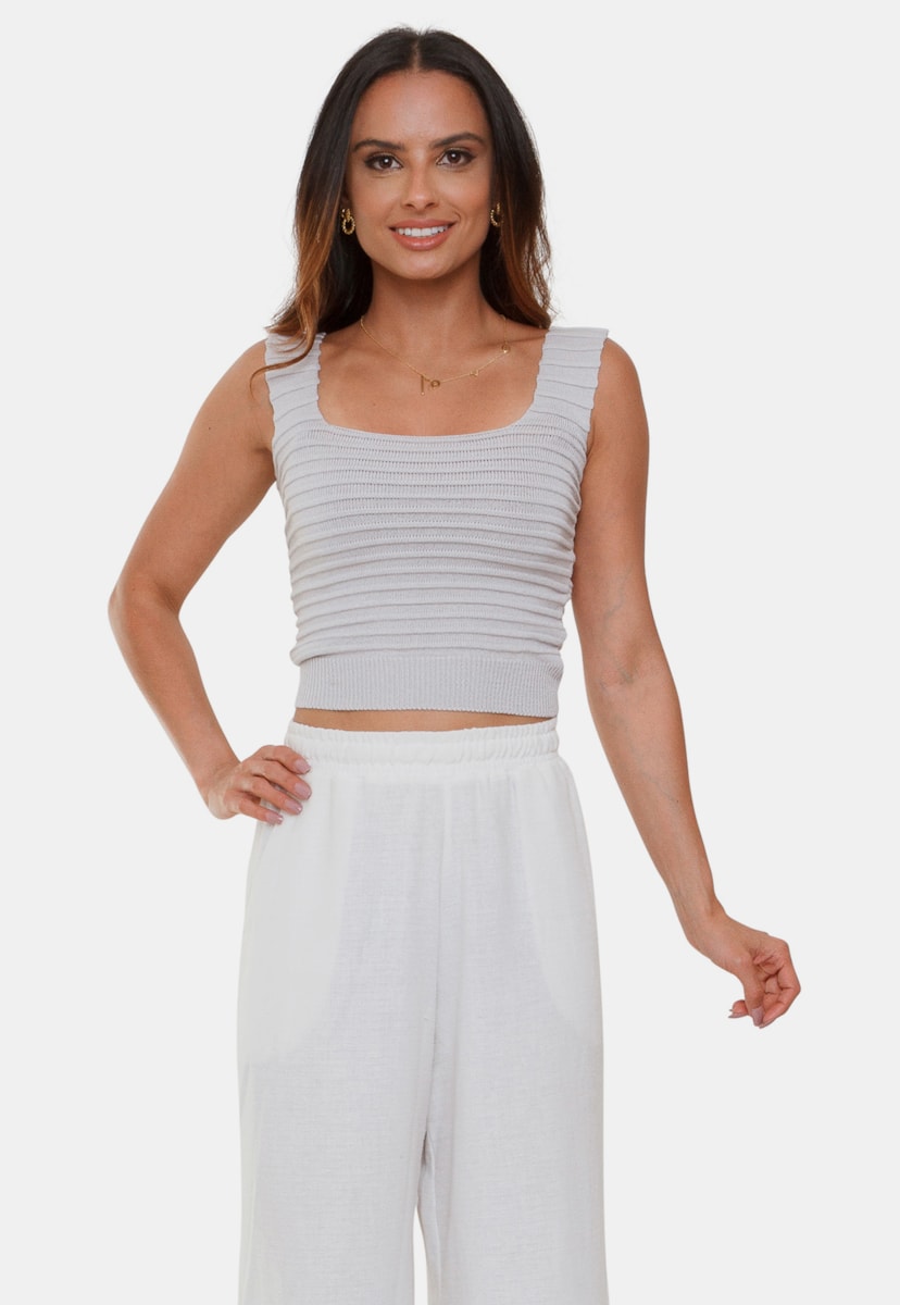 Tricô Top Cropped Pink Tricot Modal Liz Canelado e Alças Feminino Cinza