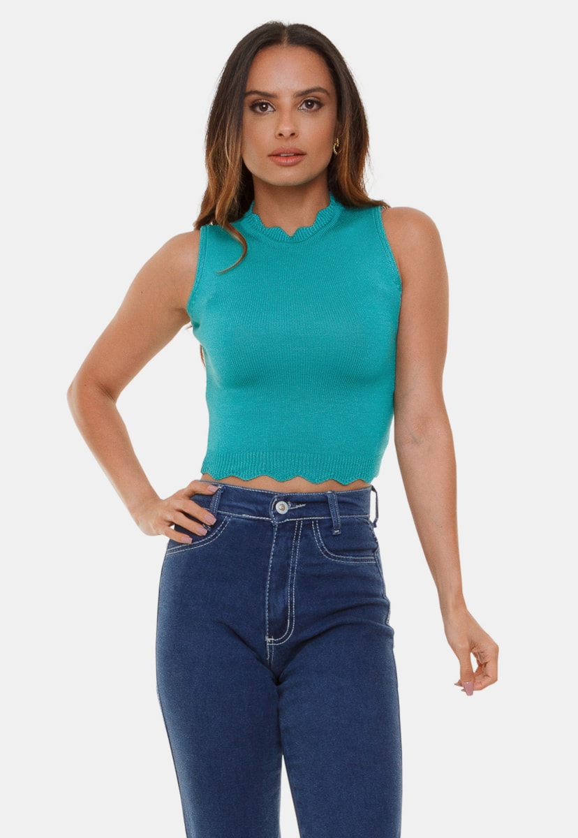 Tricô Top Cropped Pink Tricot Modal Manuela com Decote Redondo e Gola Alta Feminino Verde