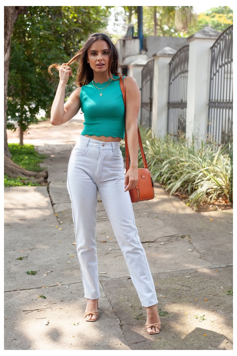 Tricô Top Cropped Pink Tricot Modal Manuela com Decote Redondo e Gola Alta Feminino Verde