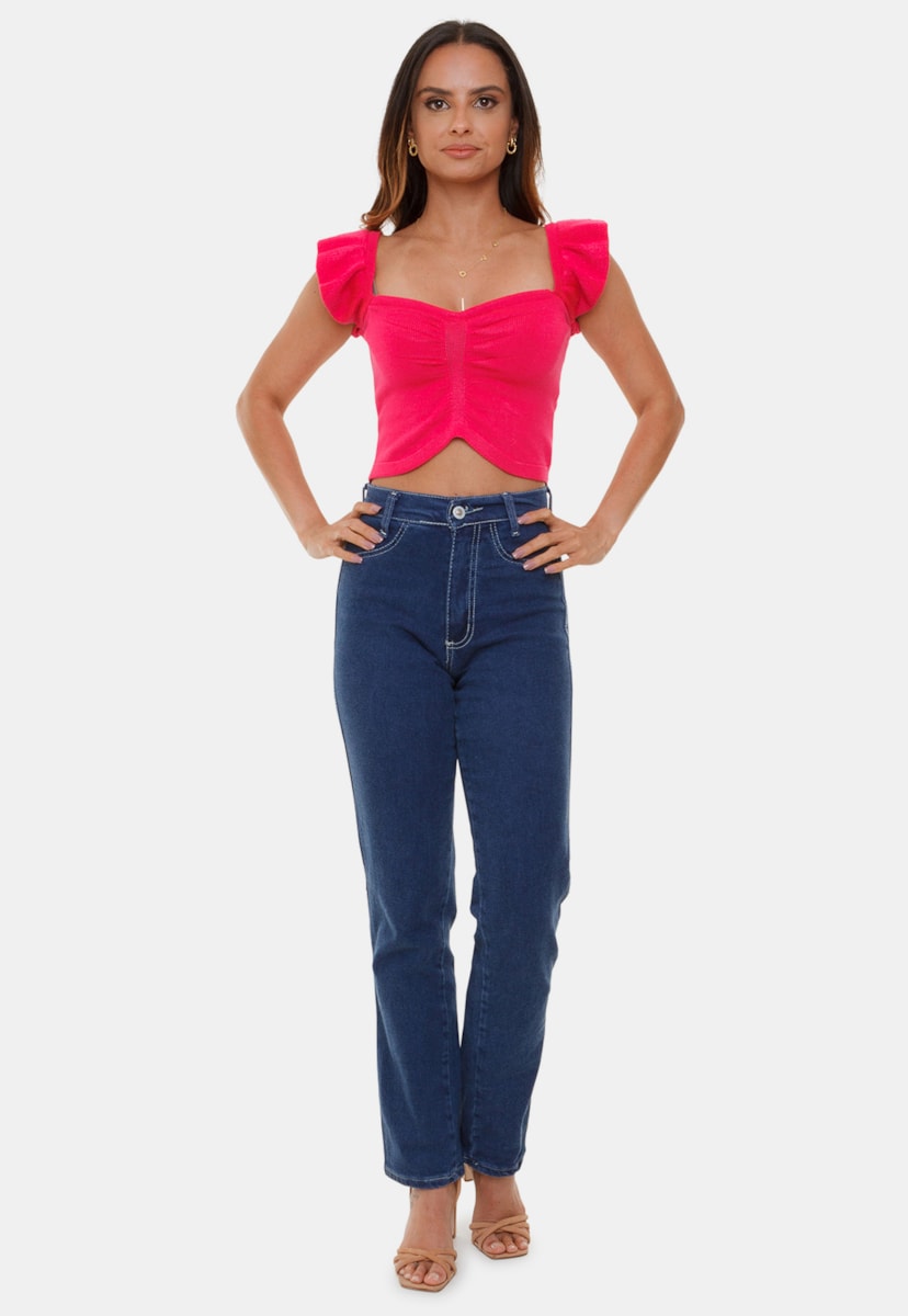Tricô Top Cropped Pink Tricot Modal Virgínia Com Babado na Alça e Decote V Feminino Pink