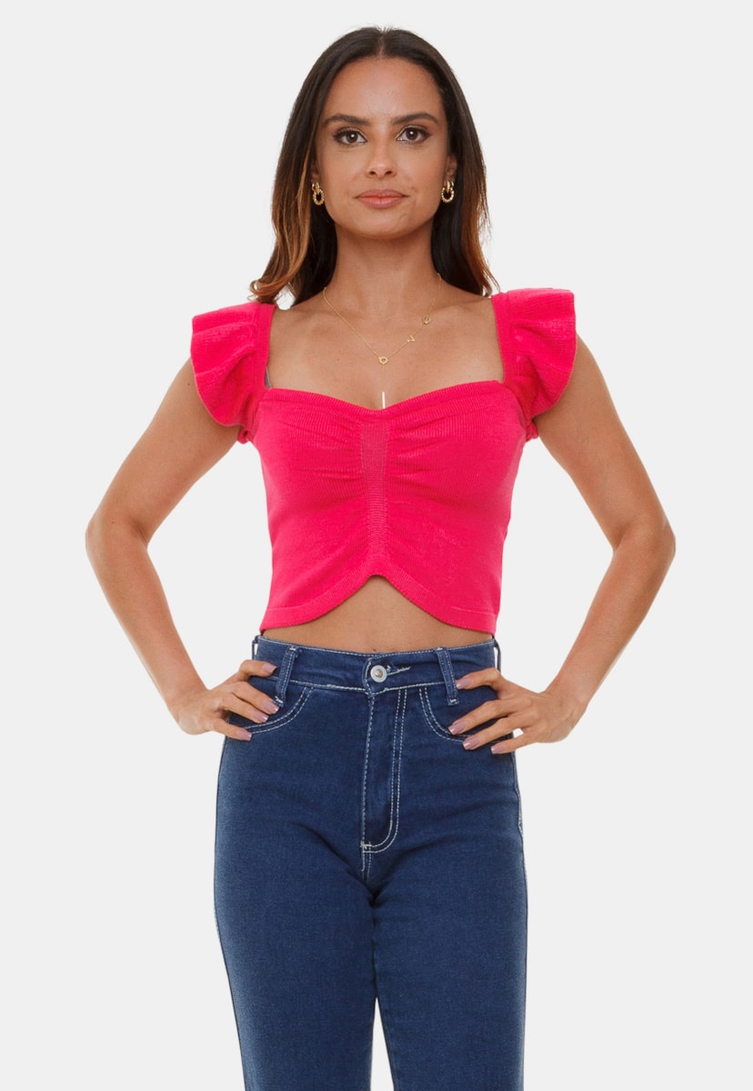Tricô Top Cropped Pink Tricot Modal Virgínia Com Babado na Alça e Decote V Feminino Pink