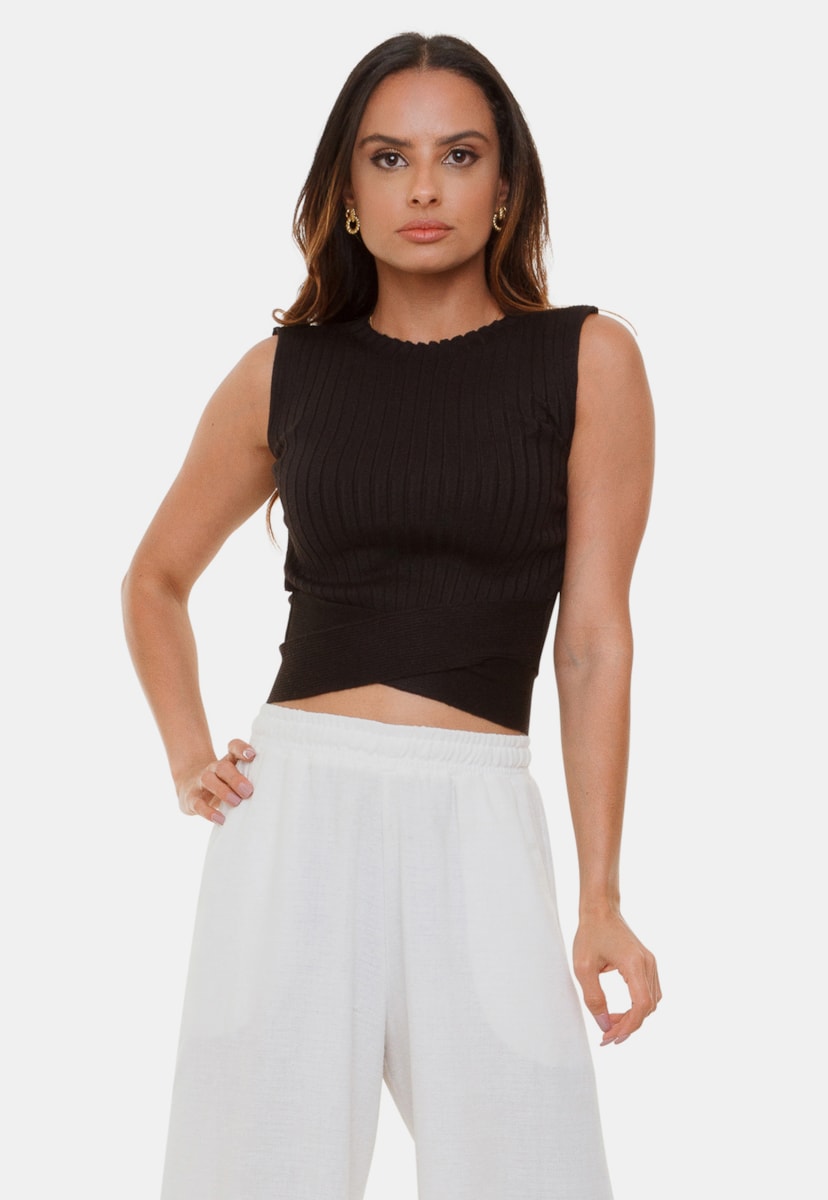 Tricô Top Cropped Regata Pink Tricot Modal Maya Decote Redondo e Amarração na Cintura Feminino Preto