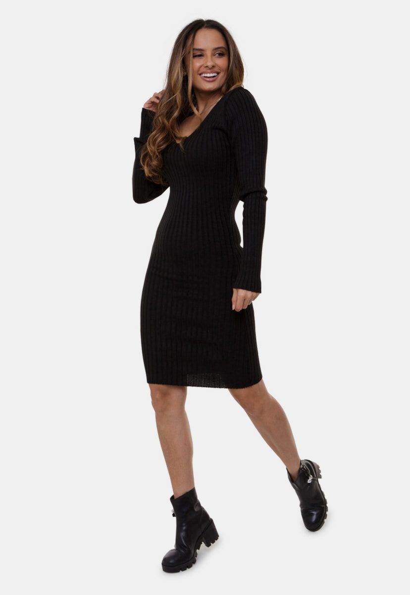 Tricô Vestido Curto Pink Tricot Canelado Decote V Feminino Preto