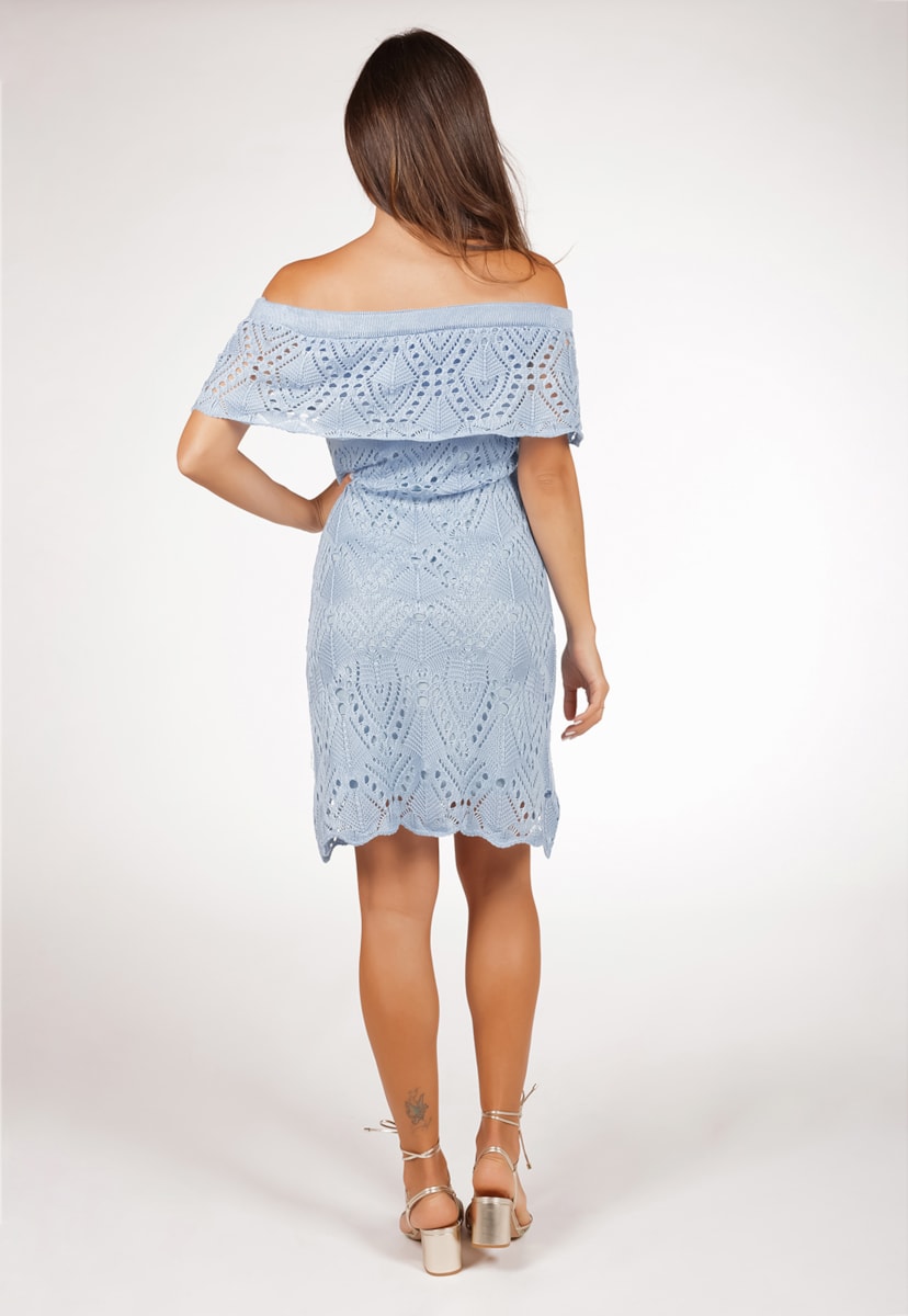 Tricô Vestido Curto Pink Tricot Para Ensaio Pré-Wedding Ombro a Ombro Rendado Feminino Azul Claro