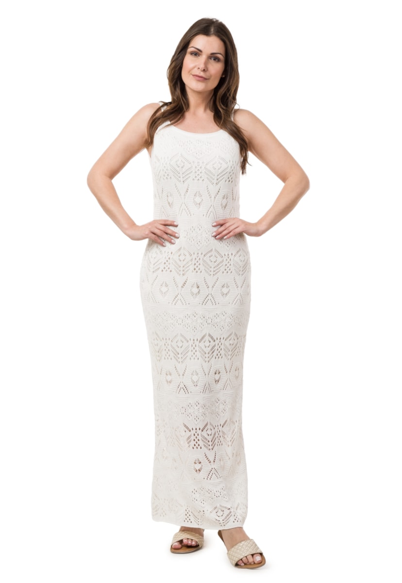 Tricô Vestido De Festa Pink Tricot Longo Rendado Feminino Branco