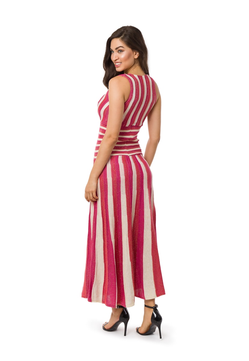 Tricô Vestido Feminino Pink Tricot Longo Plissado Listrado Vermelho