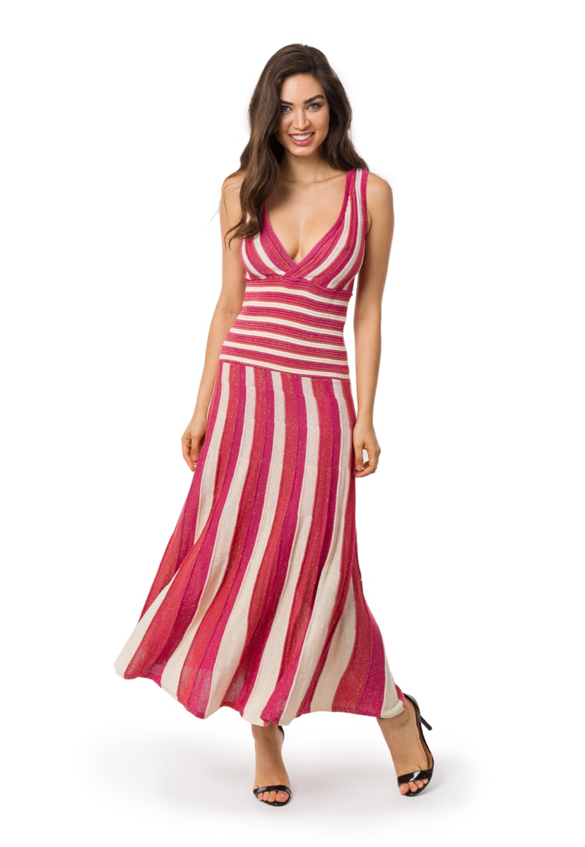 Tricô Vestido Feminino Pink Tricot Longo Plissado Listrado Vermelho
