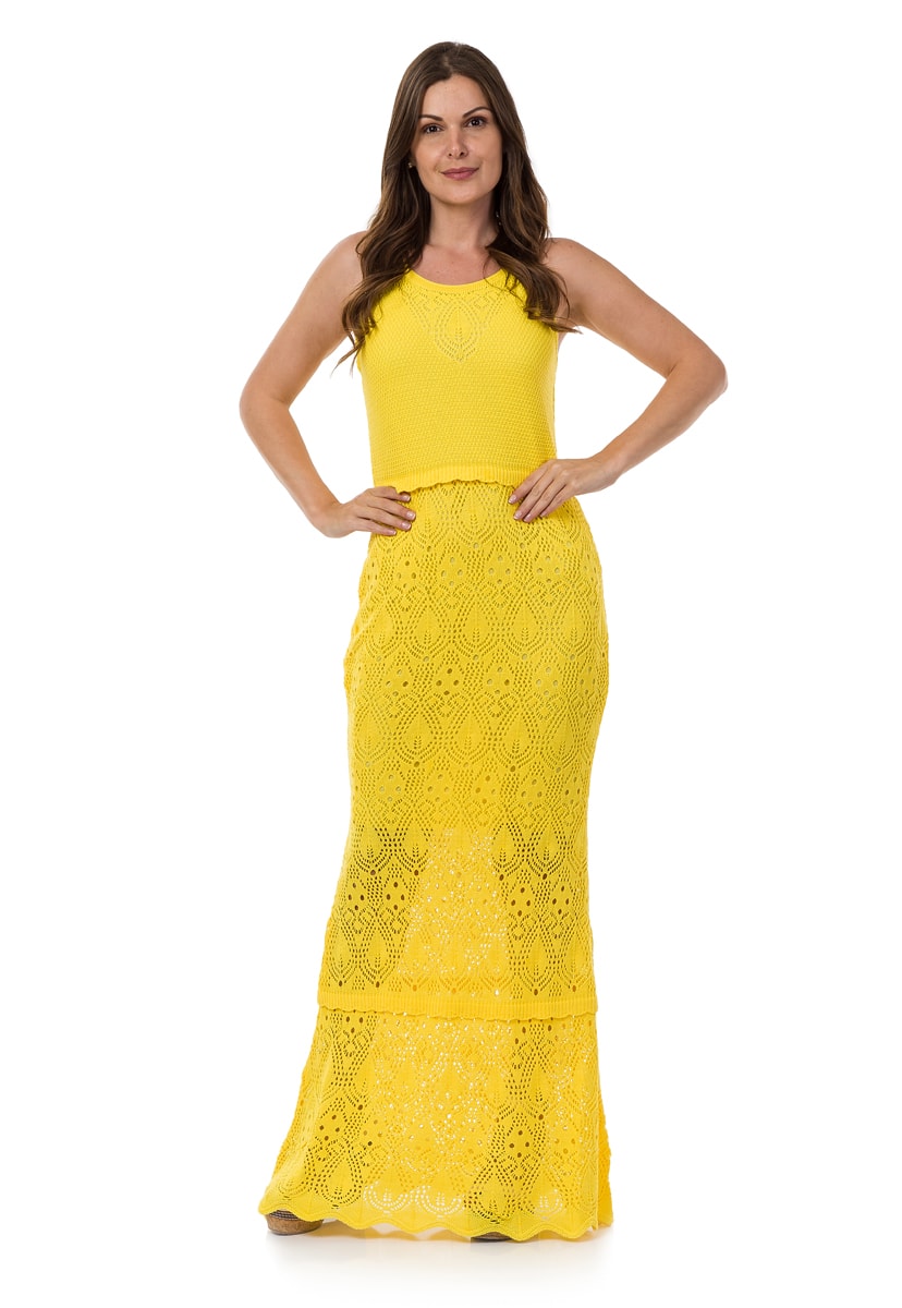 Tricô Vestido Longo Para Festa de Casamento Pink Tricot Sereia Feminino Amarelo