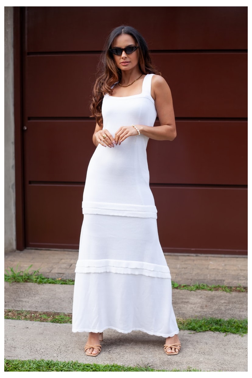 Tricô Vestido Longo Pink Tricot Com Badabo Lauana Liso Alças Feminino Branco