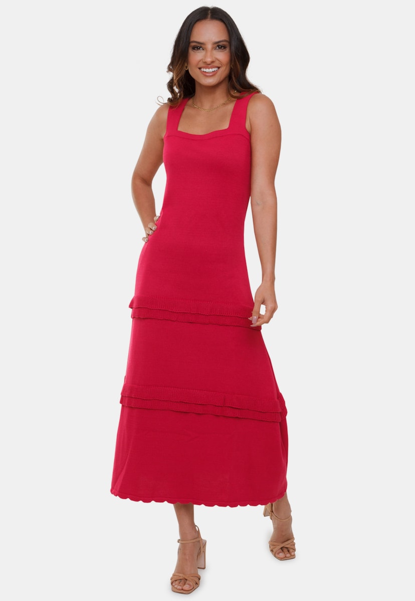 Tricô Vestido Longo Pink Tricot Liso Com Badabo Lauana e Alças Feminino Pink