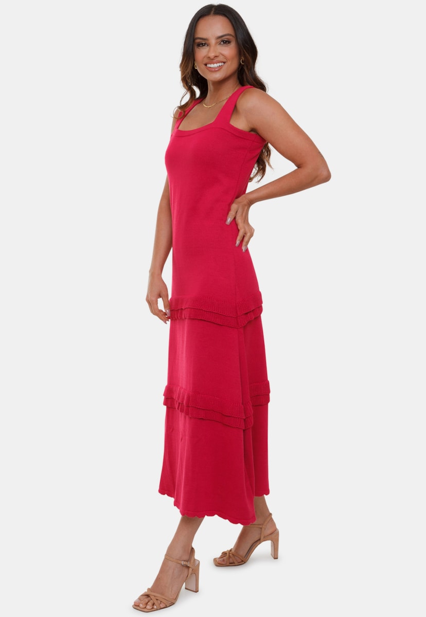 Tricô Vestido Longo Pink Tricot Liso Com Badabo Lauana e Alças Feminino Pink
