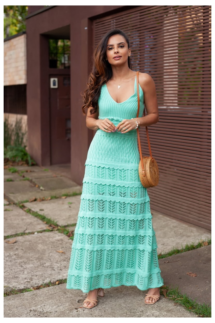 Tricô Vestido Longo Pink Tricot Renda Lolita e Franjas Com Decote V Feminino Verde Claro