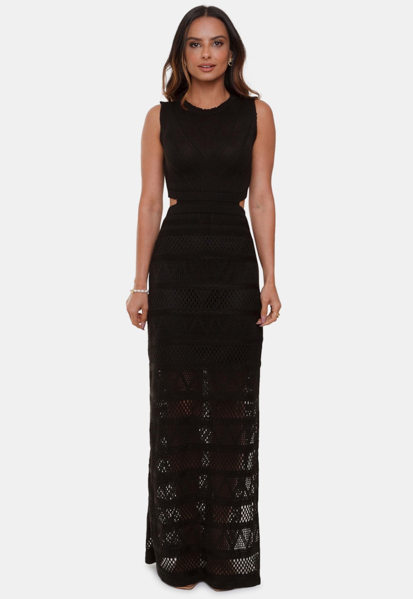 Tricô Vestido Longo Pink Tricot Rendado Nina Com Decote na Cintura Feminino Preto