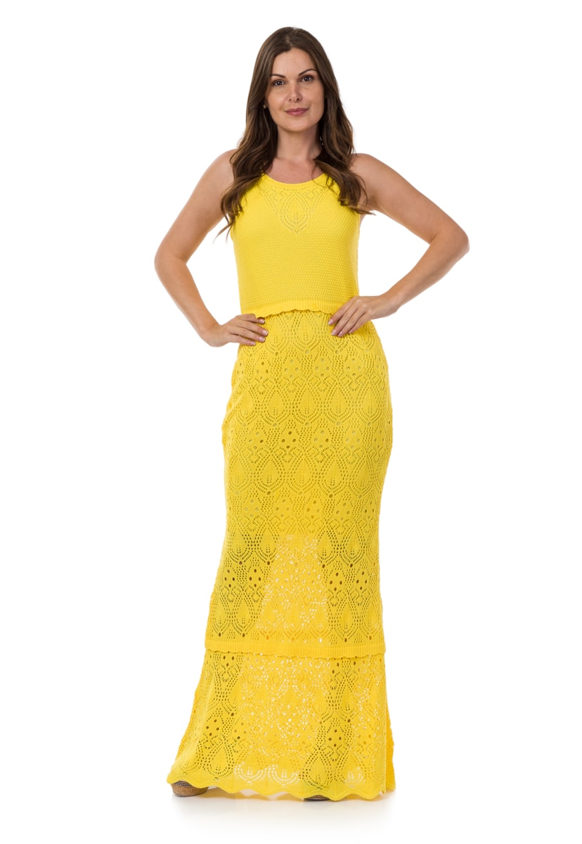 Tricô Vestido Longo Pink Tricot Sereia Feminino Amarelo