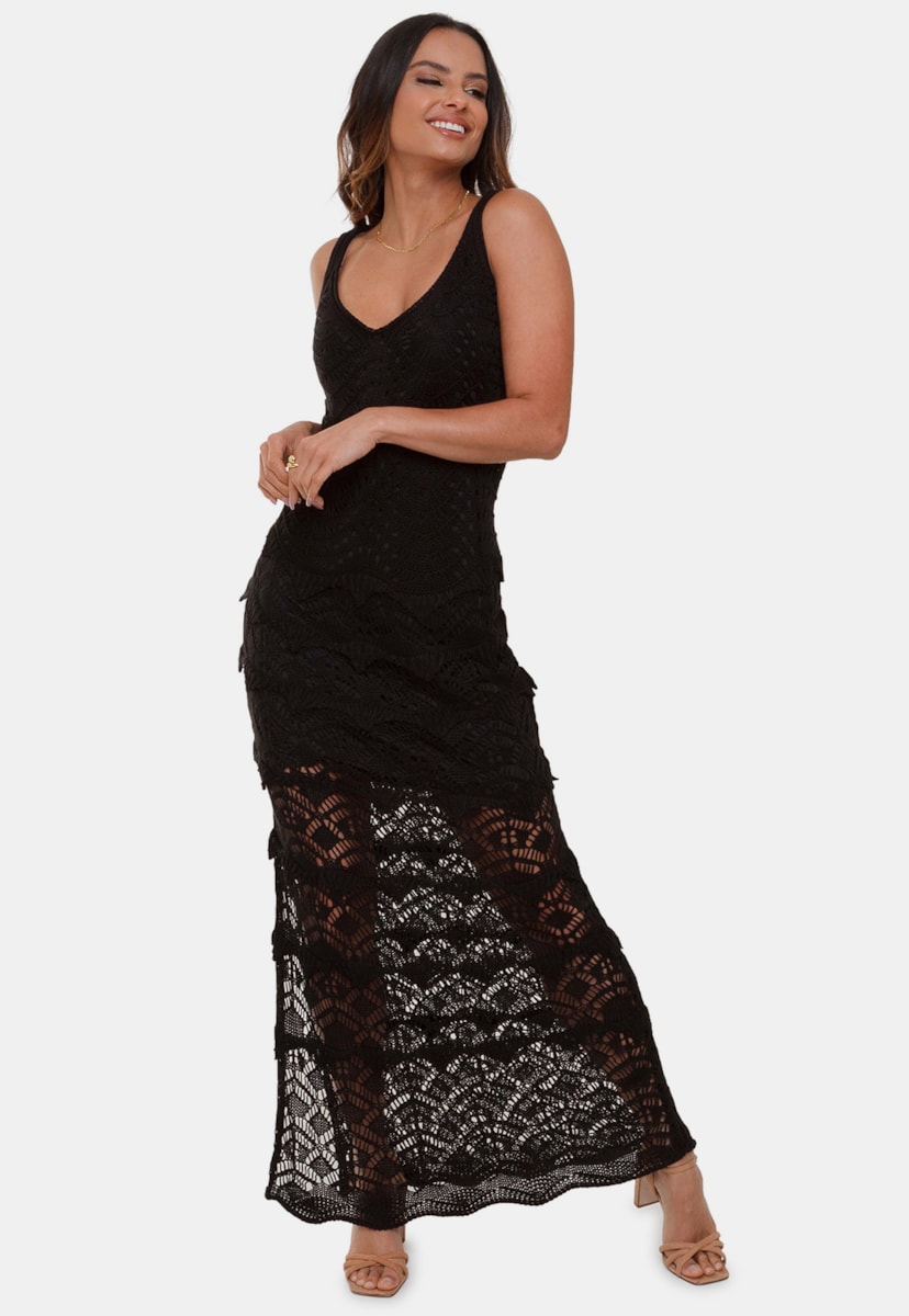 Tricô Vestido Longo Pink Tricot Sereia Lili Com Decote V e Franjas Feminino Preto