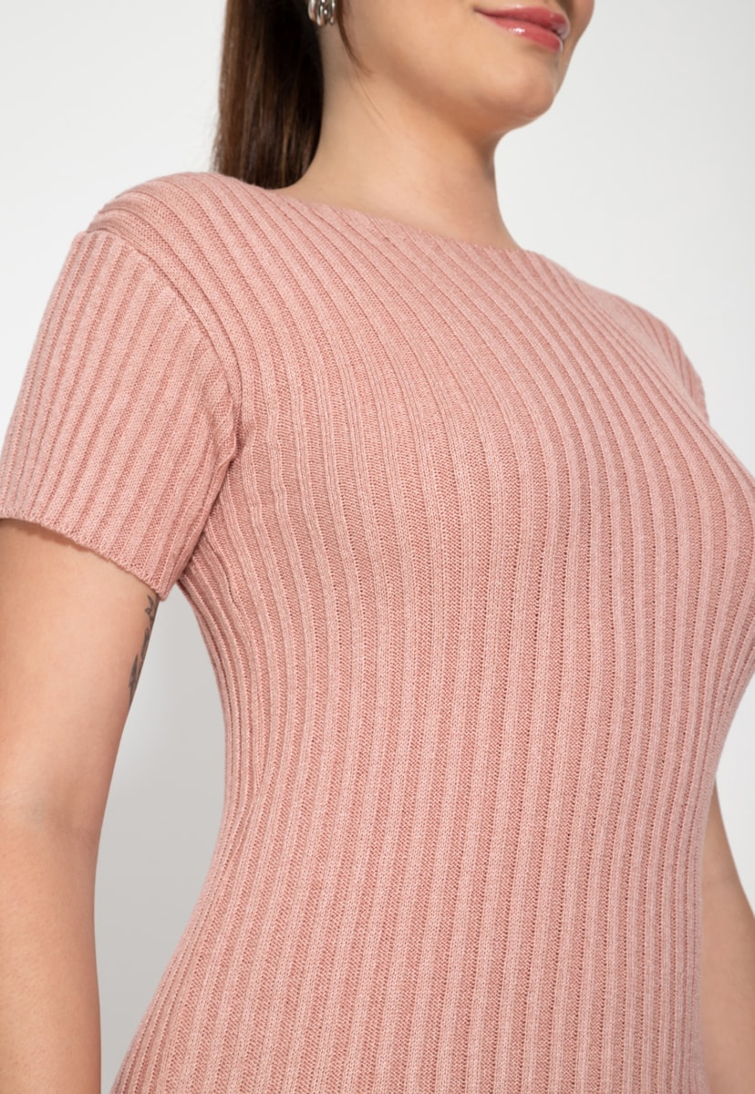 Tricô Vestido Manga Curta Canelado Fenda Pink Tricot Feminino Rosê