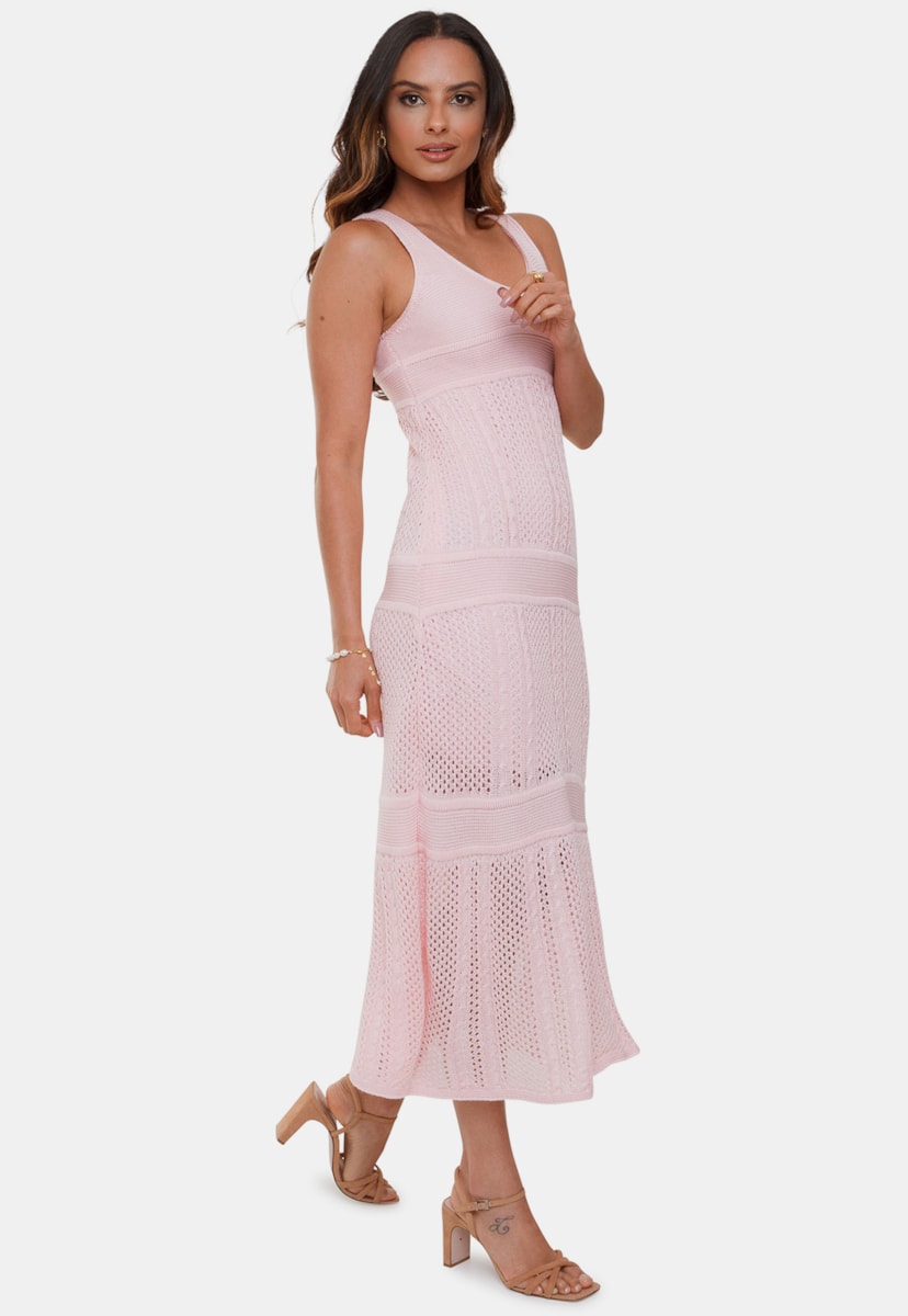 Tricô Vestido Midi Longuet Pink Tricot Marina de Tricot Renda Sereia e Decote V Feminino Rosa Claro