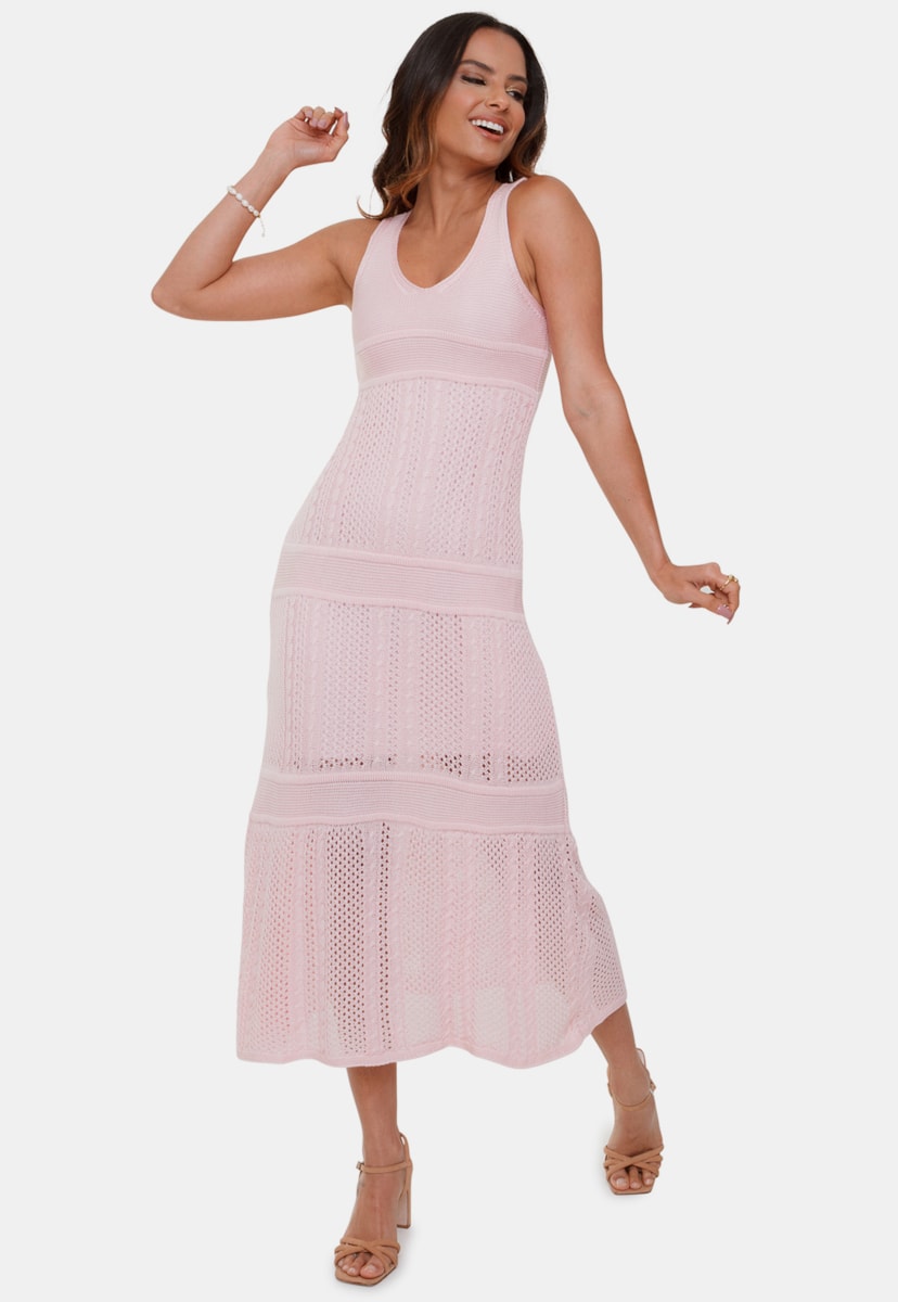 Tricô Vestido Midi Longuet Pink Tricot Marina de Tricot Renda Sereia e Decote V Feminino Rosa Claro