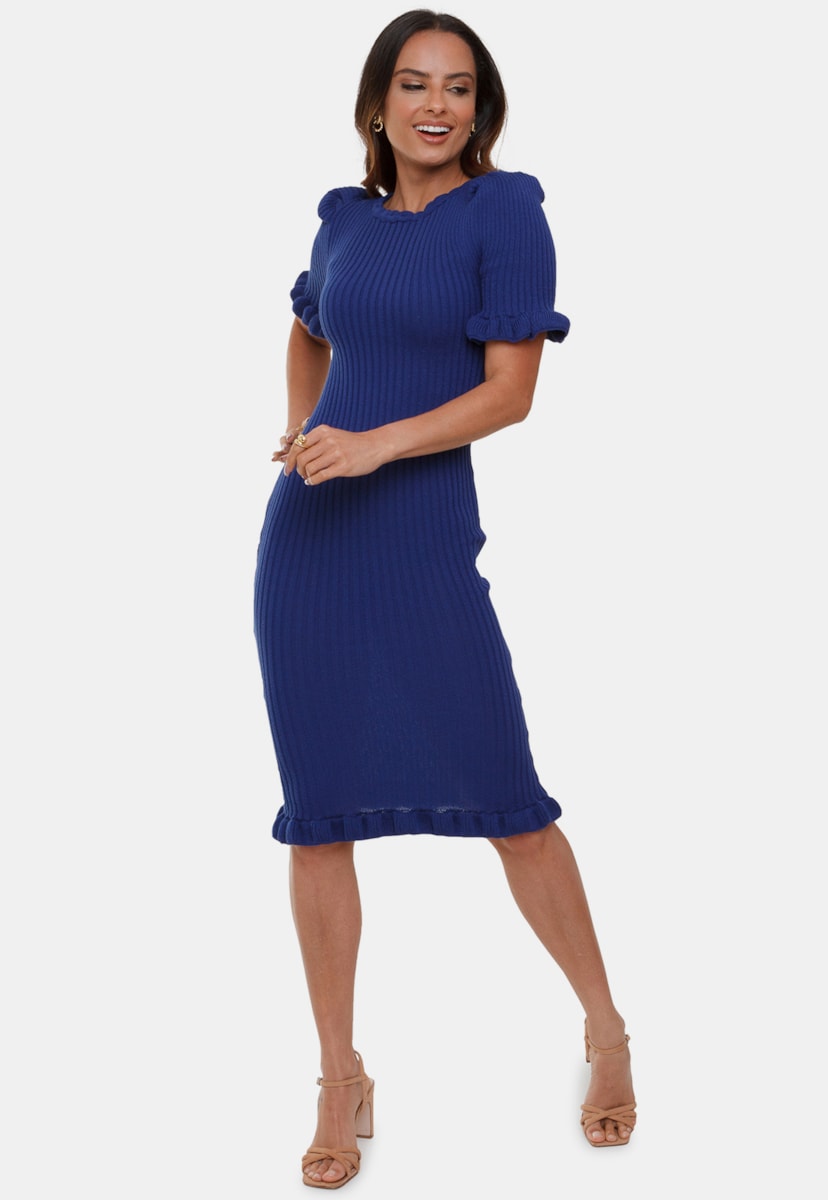 Tricô Vestido Midi Pink Tricot Canelado Duda Liso Babados e Manga Bufante Feminino Azul Bic