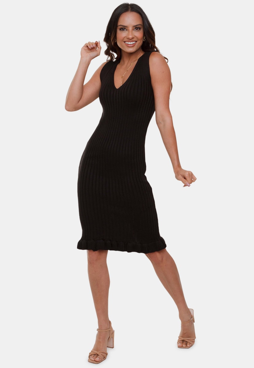 Tricô Vestido Midi Pink Tricot Canelado Estela Regata Decote V e Babado Feminino Preto