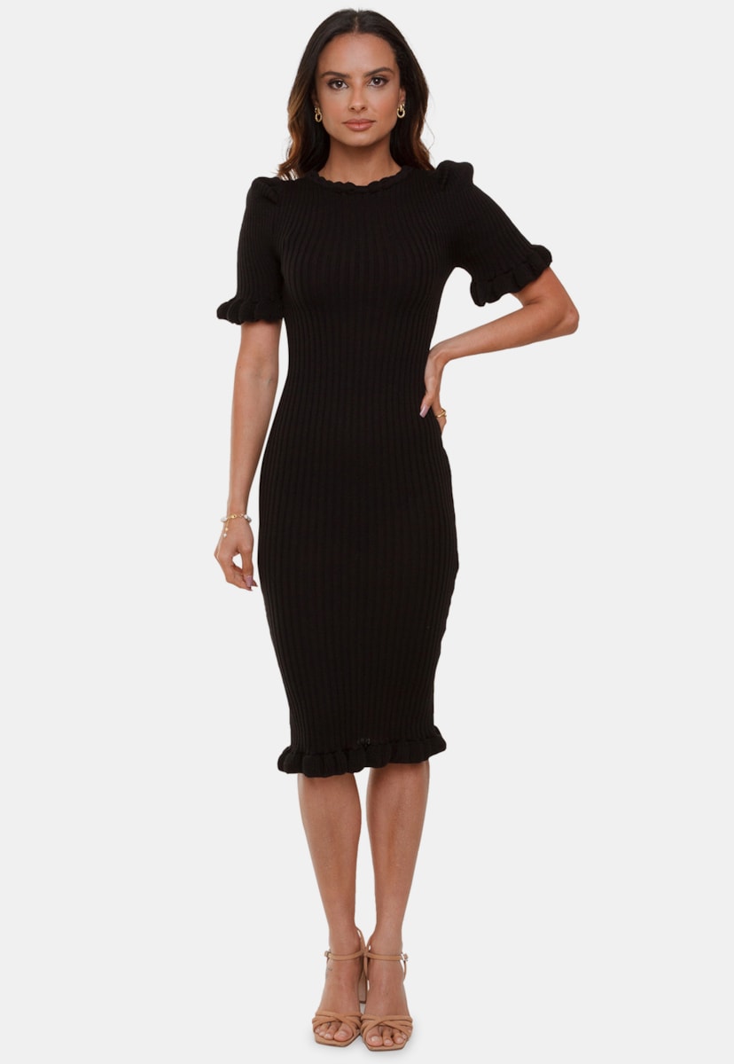 Tricô Vestido Midi Pink Tricot Duda Canelado Liso Manga Bufante e Babados Feminino Preto
