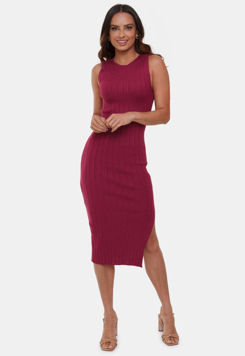 Tricô Vestido Midi Pink Tricot Modal Canelado Paola Com Decote Canoa e Fenda Lateral Feminino Violeta
