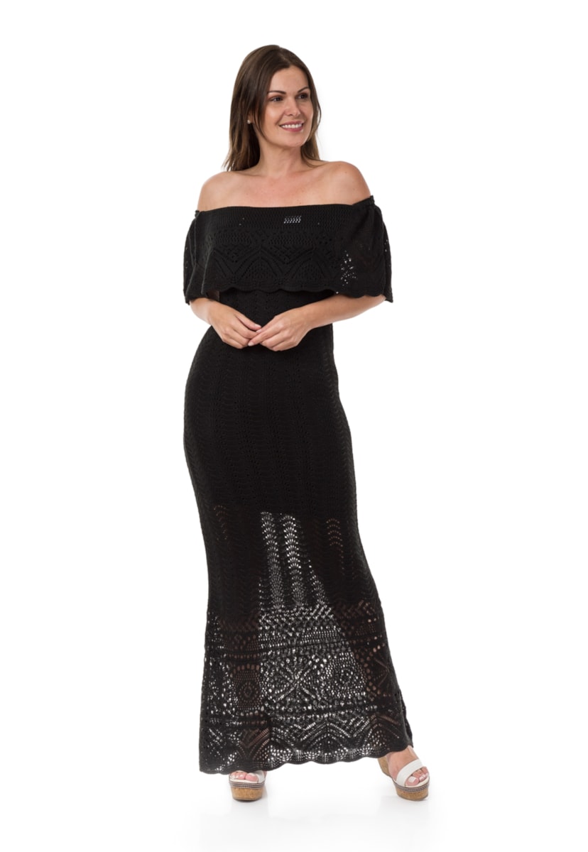 Tricô Vestido Para Ensaio Pré-Wedding Feminino Pink Tricot Longo Ombro a Ombro Preto