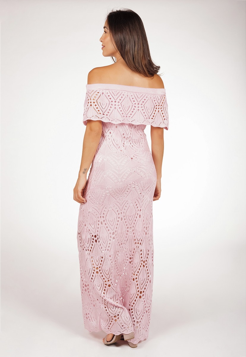 Tricô Vestido Pink Tricot Ciganinha Feminino Longo Pala Rosa Claro