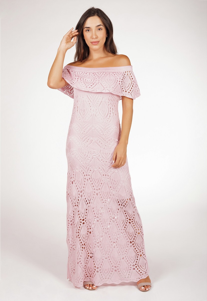 Tricô Vestido Pink Tricot Ciganinha Feminino Longo Pala Rosa Claro