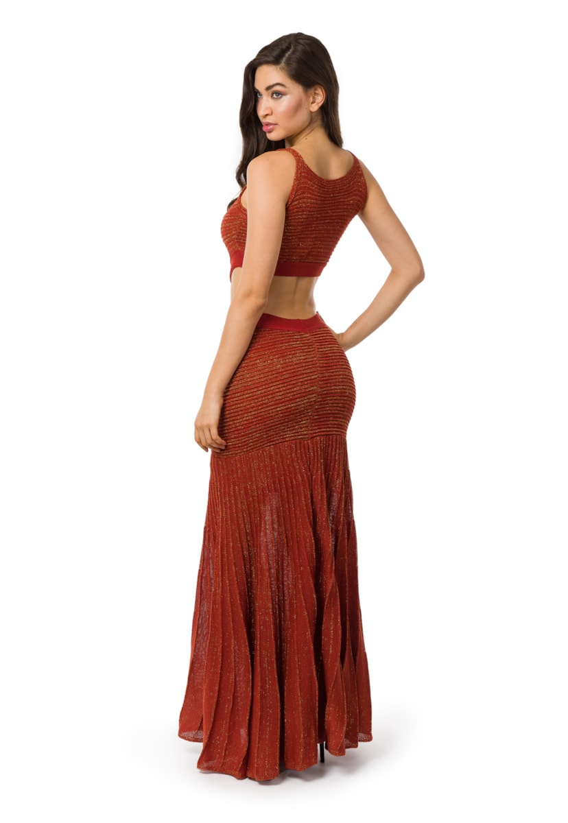 Tricô Vestido Pink Tricot com Decotes na Cintura e Saia Plissada com Lurex Longo Feminino Laranja