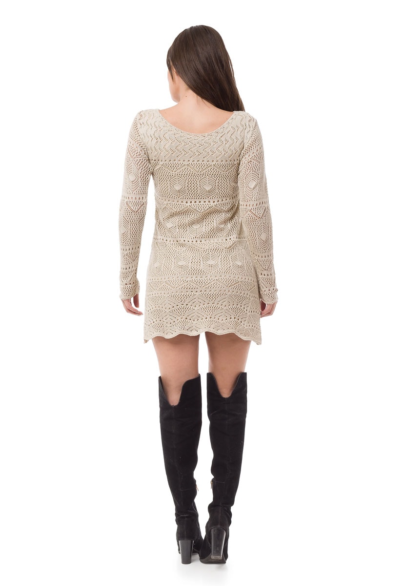 Tricô Vestido Pink Tricot Curto Feminino Manga Longa Rendado Bege