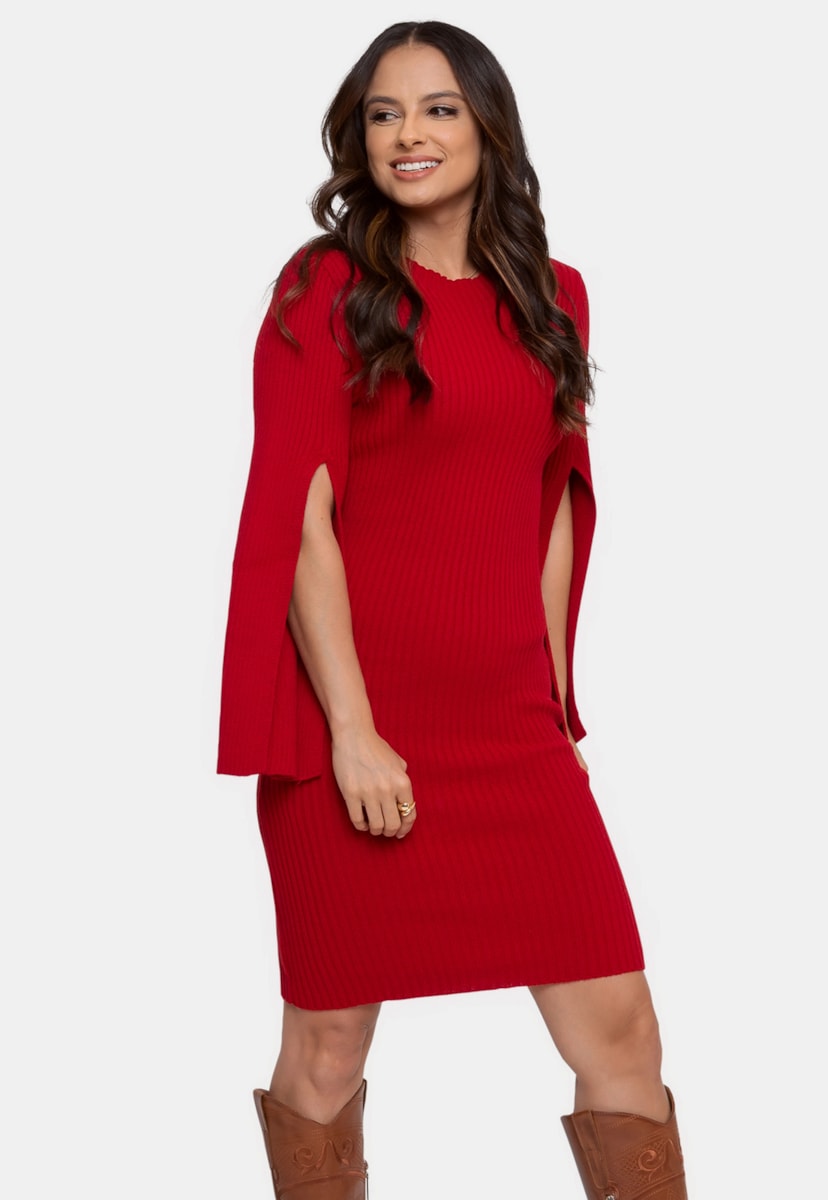 Tricô Vestido Pink Tricot Curto Manga Longa Feminino Vermelho