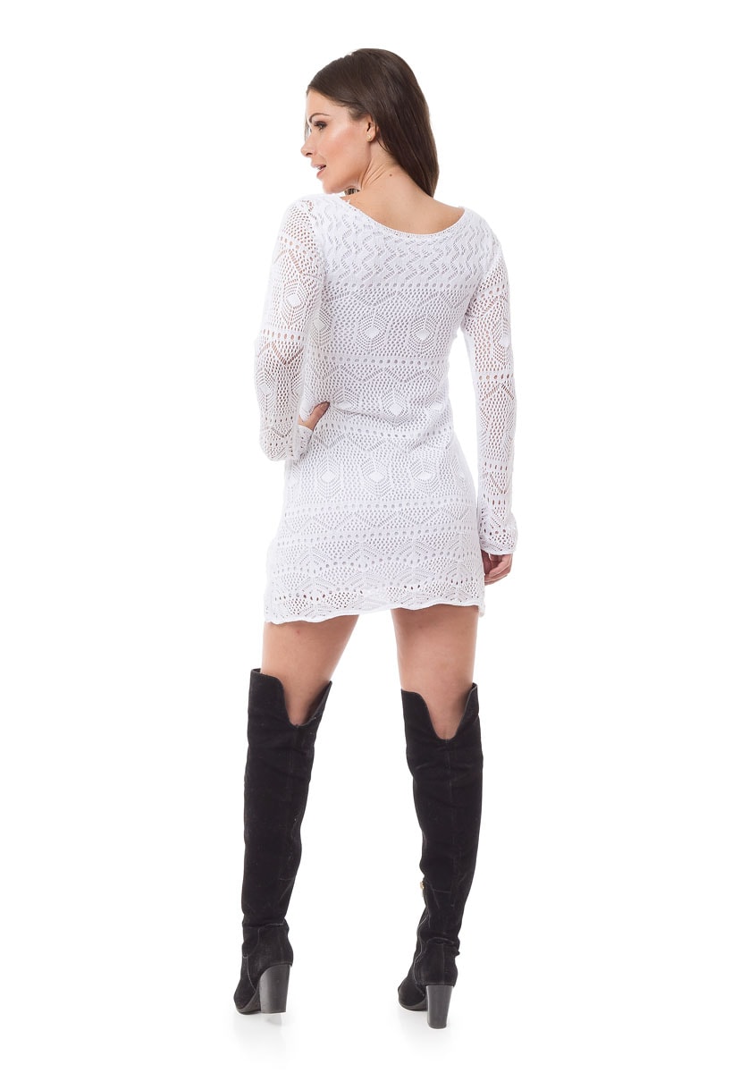 Tricô Vestido Pink Tricot Curto Manga Longa Rendado Feminino Branco