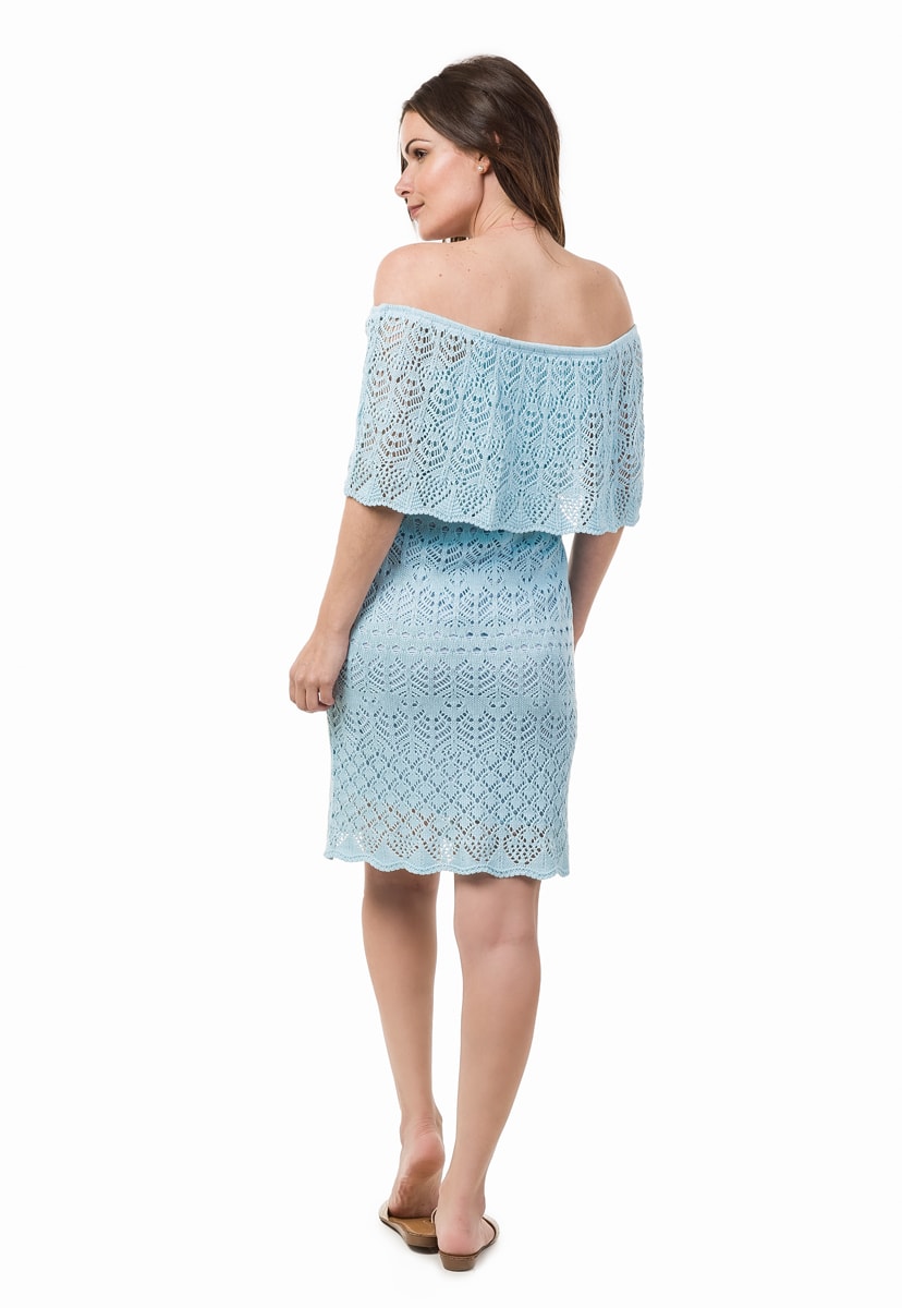Tricô Vestido Pink Tricot Curto Para Gestante Ombro a Ombro Feminino Azul Claro